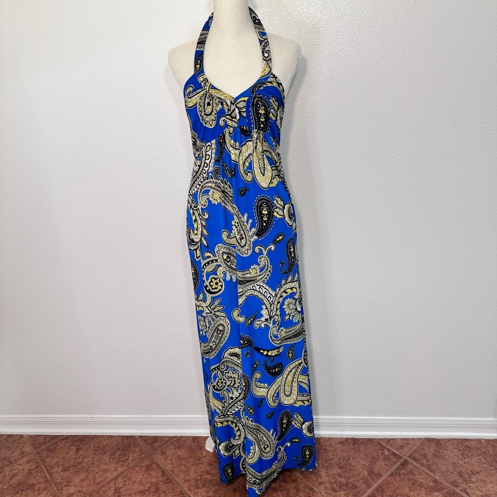Beachy Coastal Paisley Halter Boho Maxi Sundress Women M  Blue